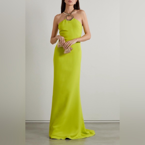 Elie Saab Tubular Choker Halter Crepe Gown Lime Green Color - Picture 3 of 16